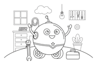 Apvalus robotukas ant ratukų – judraus roboto spalvinimo paveiksliukas