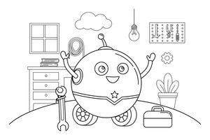 Apvalus robotukas ant ratukų – judraus roboto spalvinimo paveiksliukas