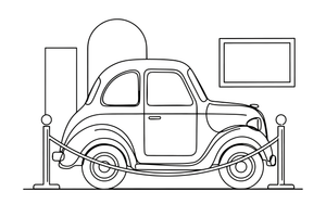 Senas retro automobilis už virvės muziejuje – muziejaus spalvinimo paveiksliukas