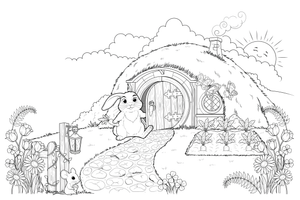 A rabbit peeking out of its little house – Rabbit coloring page