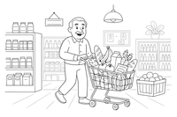 Senukas stumia pirkinių vežimėlį, pilną produktų – jaukios maisto parduotuvės spalvinimo paveiksliukas