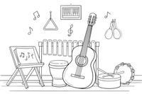 Akustinė gitara, atremta į sieną – muzikos instrumentų spalvinimo paveiksliukas