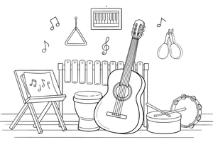 Akustinė gitara, atremta į sieną – muzikos instrumentų spalvinimo paveiksliukas