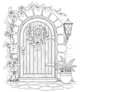 A close-up of a stone cottage door with a wreath and a lantern – Cottages coloring page