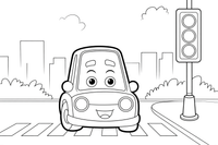 Automobilis sustoja prie šviesoforo – automobilių mieste spalvinimo paveiksliukas