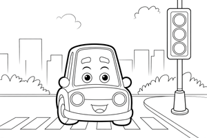 Automobilis sustoja prie šviesoforo – automobilių mieste spalvinimo paveiksliukas