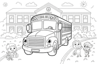 Mokyklinis autobusas prie mokyklos – mokyklos spalvinimo paveiksliukas