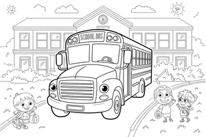 Mokyklinis autobusas prie mokyklos – mokyklos spalvinimo paveiksliukas