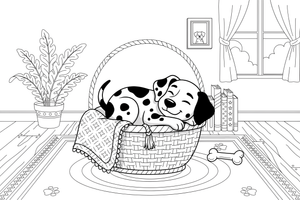 A Dalmatian resting in a basket – Dalmatian coloring page