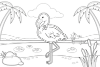 Flamingas ilsisi pasikišęs galvą – flamingų tvenkinio spalvinimo paveiksliukas