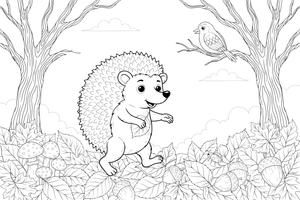 A hedgehog walking through a pile of fallen autumn leaves – Hedgehog coloring page