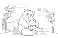 Mama panda apkabina jauniklį – žaismingos pandos spalvinimo paveiksliukas