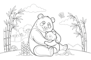 Mama panda apkabina jauniklį – žaismingos pandos spalvinimo paveiksliukas