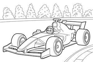 Formulė 1 su sukamu vairu – Formulės 1 varžybų vaizdų spalvinimo paveiksliukas