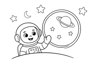 Astronautas pro apvalų erdvėlaivio langą žiūri į žvaigždes ir planetas – astronauto tyrinėtojo spalvinimo paveiksliukas
