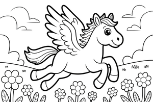 Pegasas šuoliuoja per gėlių pievą – stebuklingo Pegaso skrydžio spalvinimo paveiksliukas