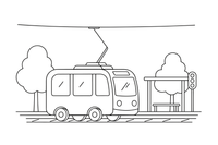 Tramvajus sustoja tramvajaus stotelėje – traukinių spalvinimo paveiksliukas