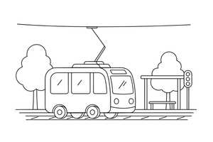 Tramvajus sustoja tramvajaus stotelėje – traukinių spalvinimo paveiksliukas
