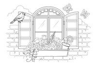 A close-up of a cottage window with shutters and a flower box – Cottages coloring page