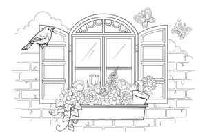 A close-up of a cottage window with shutters and a flower box – Cottages coloring page