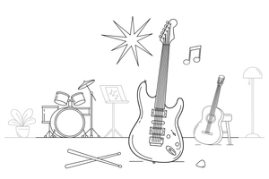 Elektrinė gitara – muzikos instrumentų spalvinimo paveiksliukas