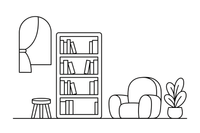 Aukšta lentyna, pilna knygų – jaukios bibliotekos spalvinimo paveiksliukas
