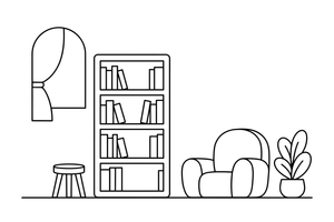 Aukšta lentyna, pilna knygų – jaukios bibliotekos spalvinimo paveiksliukas