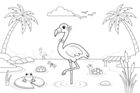 Flamingas brenda per seklų ežerą – flamingų tvenkinio spalvinimo paveiksliukas