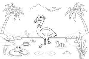 Flamingas brenda per seklų ežerą – flamingų tvenkinio spalvinimo paveiksliukas