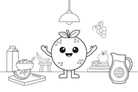 Mielas kawaii besišypsantis apelsinas su linksmomis akutėmis – mielų maisto veidukų spalvinimo paveiksliukas