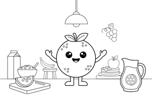 Mielas kawaii besišypsantis apelsinas su linksmomis akutėmis – mielų maisto veidukų spalvinimo paveiksliukas