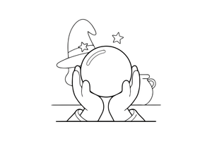 Krištolinis rutulys, laikomas dviem rankomis – stebuklingų burtų daiktų spalvinimo paveiksliukas