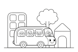 Autobusas iš arti, pilnas pro langus žiūrinčių keleivių – miesto transporto spalvinimo paveiksliukas