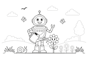 Robotas laisto gėlę – judraus roboto spalvinimo paveiksliukas