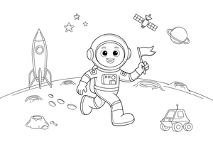 Astronautas palieka pėdsakus Mėnulyje – astronauto spalvinimo paveiksliukas
