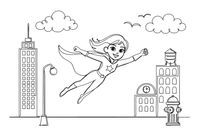 Skraidanti superherojė su apsiaustu – superherojaus spalvinimo paveiksliukas