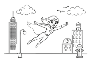 Skraidanti superherojė su apsiaustu – superherojaus spalvinimo paveiksliukas