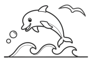 Delfinas ore daro salto – žaismingo delfino spalvinimo paveiksliukas