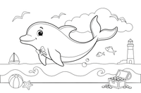 Delfinas ore daro salto – žaismingo delfino spalvinimo paveiksliukas