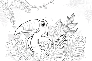 A toucan peeking out from the leaves – Toucan coloring page