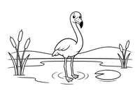 Flamingas brenda per seklų ežerą – flamingų tvenkinio spalvinimo paveiksliukas