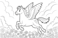 Pegasas šuoliuoja per gėlių pievą – stebuklingo Pegaso skrydžio spalvinimo paveiksliukas