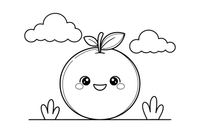 Mielas kawaii besišypsantis apelsinas su linksmomis akutėmis – mielų maisto veidukų spalvinimo paveiksliukas