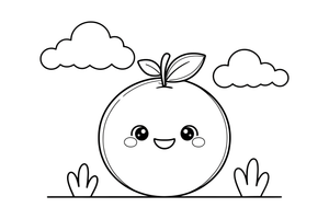 Mielas kawaii besišypsantis apelsinas su linksmomis akutėmis – mielų maisto veidukų spalvinimo paveiksliukas
