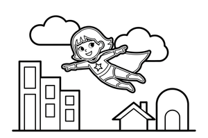 Skraidanti superherojė su apsiaustu – superherojaus spalvinimo paveiksliukas
