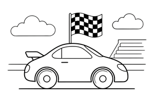 Lenktyninis automobilis su plevėsuojančia languota vėliava – sportinių automobilių spalvinimo paveiksliukas