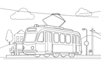 Tramvajus sustoja tramvajaus stotelėje – traukinių spalvinimo paveiksliukas