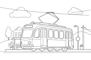 Tramvajus sustoja tramvajaus stotelėje – traukinių spalvinimo paveiksliukas