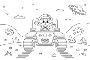 Astronautas vairuoja kosminį roverį – kosminio roverio kelių spalvinimo paveiksliukas
