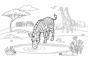 Zebras geria iš girdyklos – šuoliuojančio zebro spalvinimo paveiksliukas